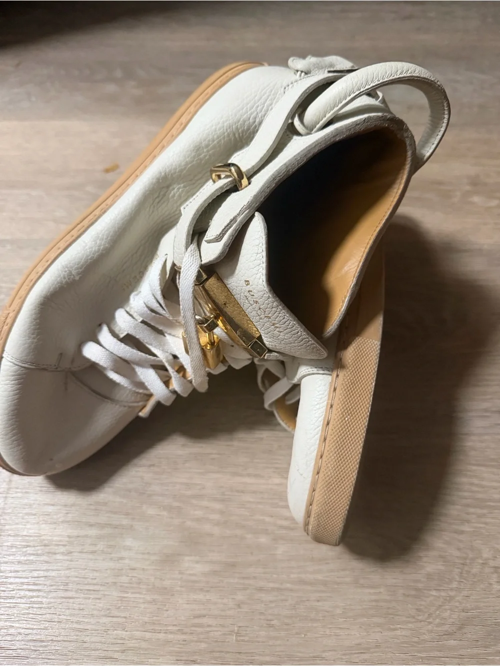 Buscemi Cream Leather Low-Top Sneakers with Gold Hardware